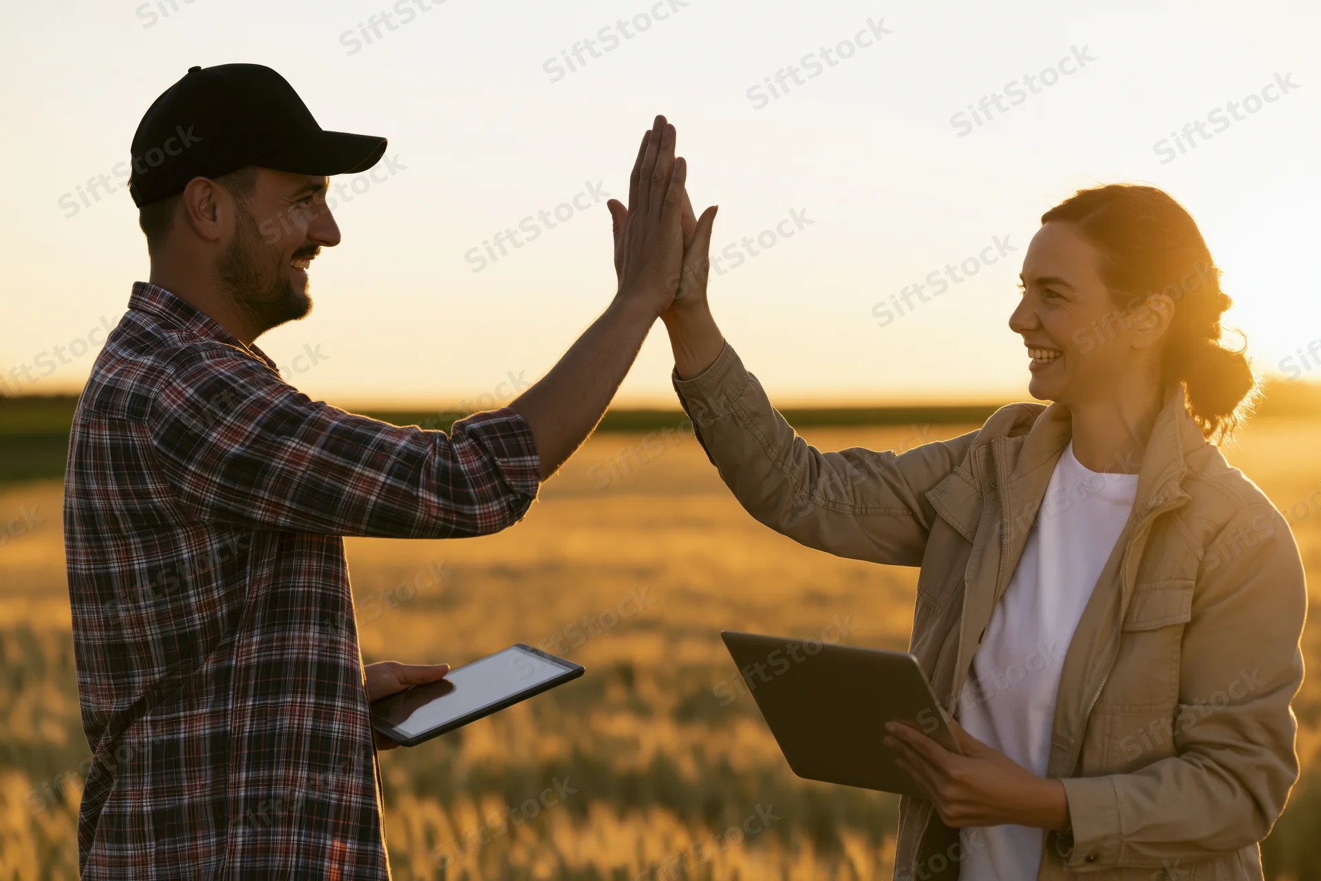 Farmer and woman high-fiving in a wheat field at sunset while holding tablets