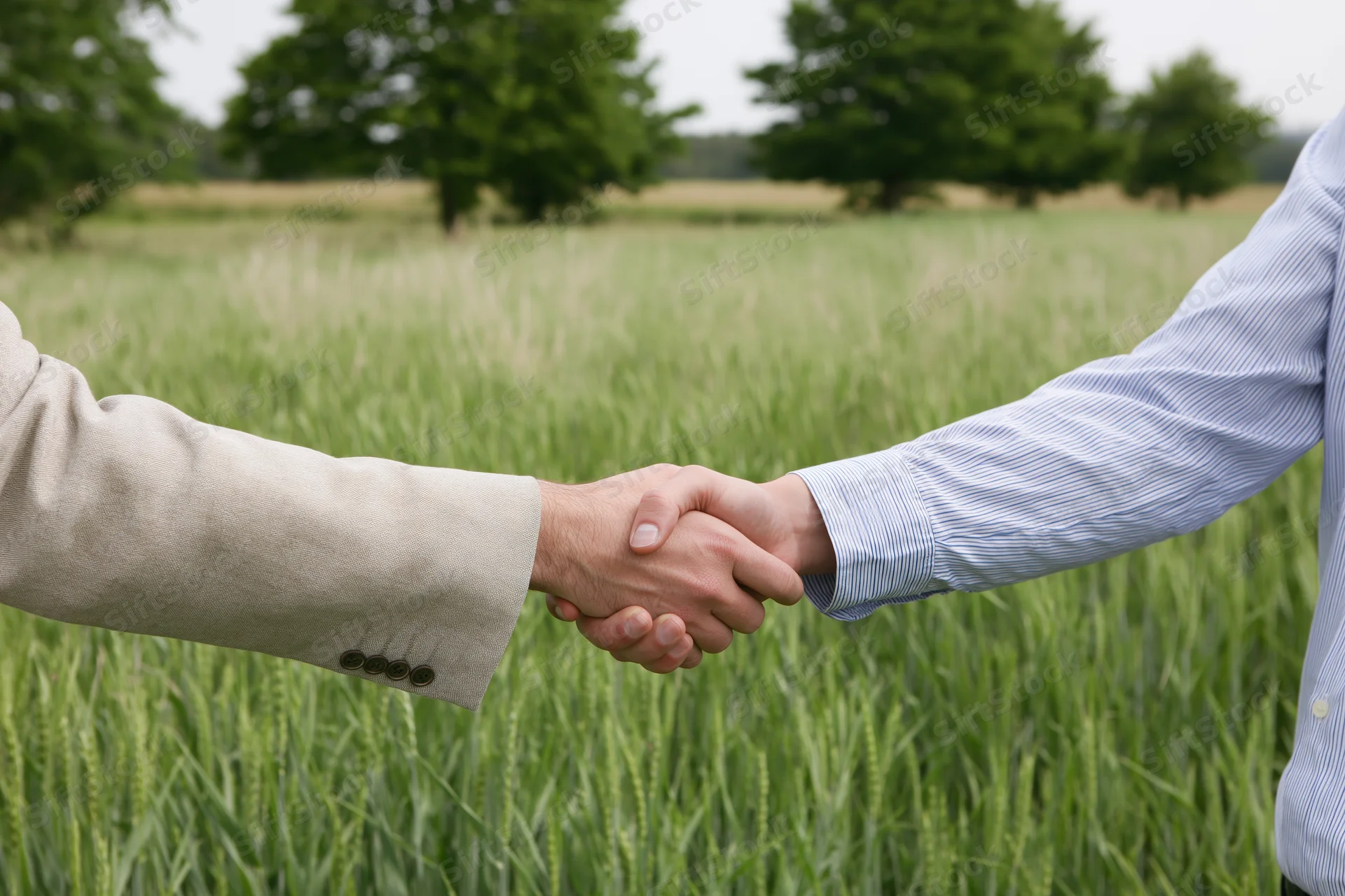 Two men shaking hands in a wheat field