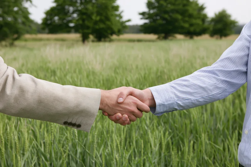 Two men shaking hands in a wheat field
