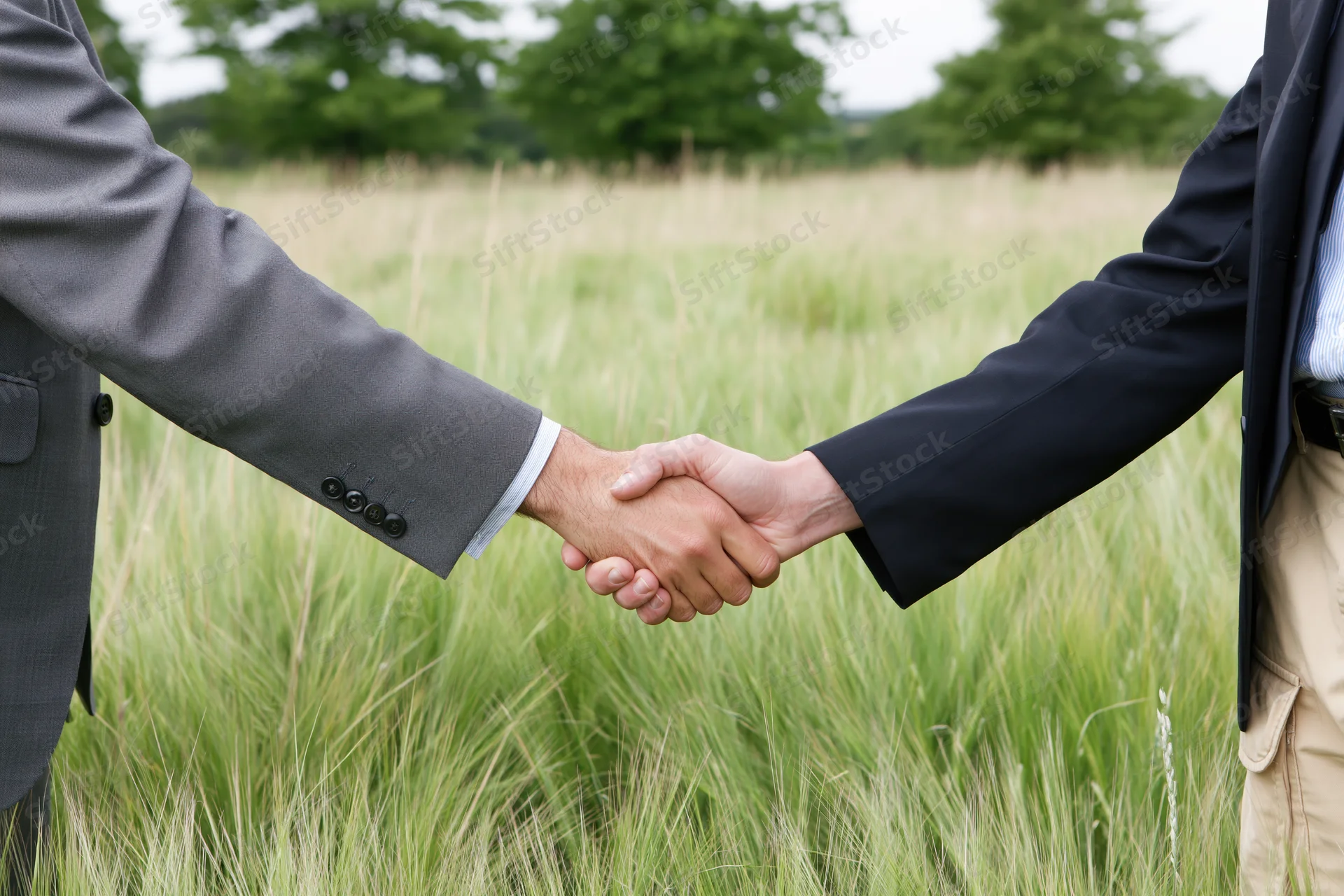 Two men in business suits shaking hands in a grassy field