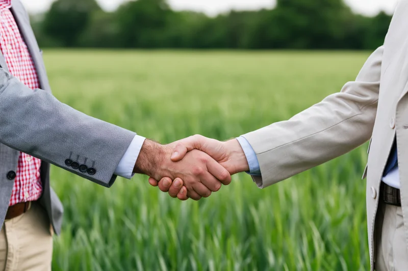 Two men in suits shaking hands in a green wheat field
