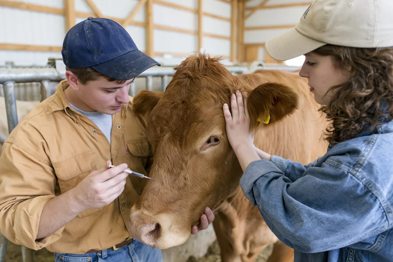Two young people administering injection to cow in barn