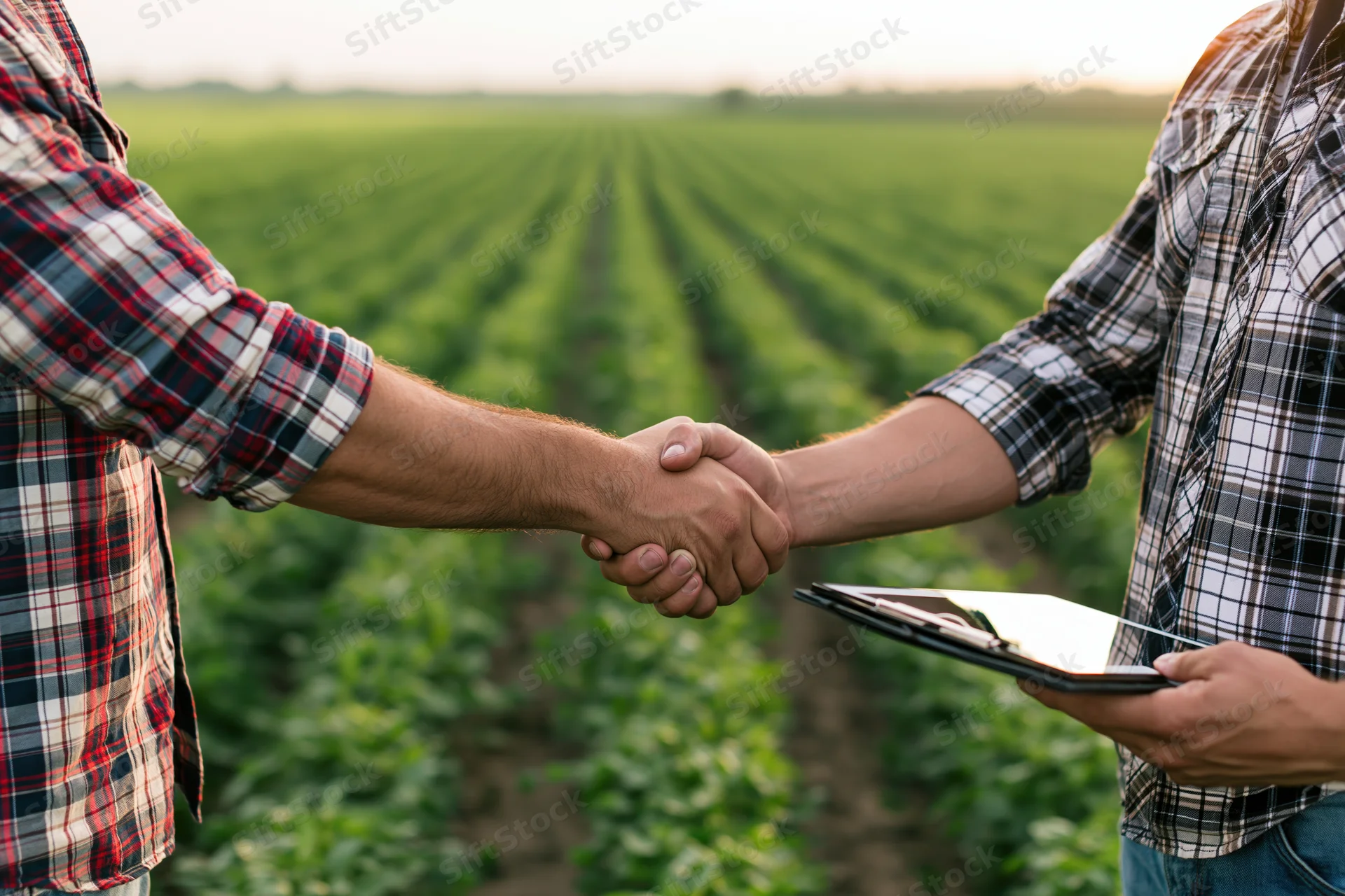 Two men in plaid shirts shaking hands in a green crop field while one holds a clipboard