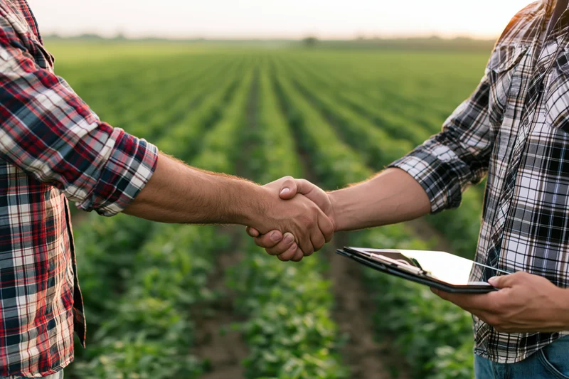 Two men in plaid shirts shaking hands in a green crop field while one holds a clipboard