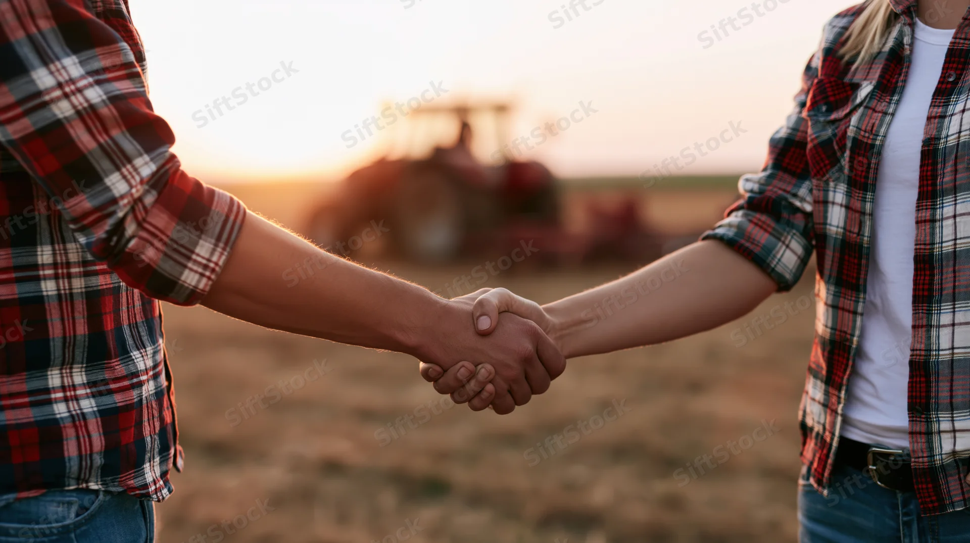Two people in plaid shirts shaking hands in a field at sunset with a tractor in the background