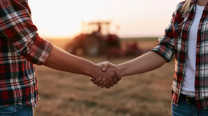 Two people in plaid shirts shaking hands in a field at sunset with a tractor in the background