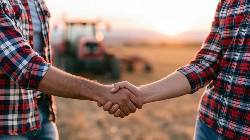 Two people in plaid shirts shaking hands in a field at sunset with a tractor in the background