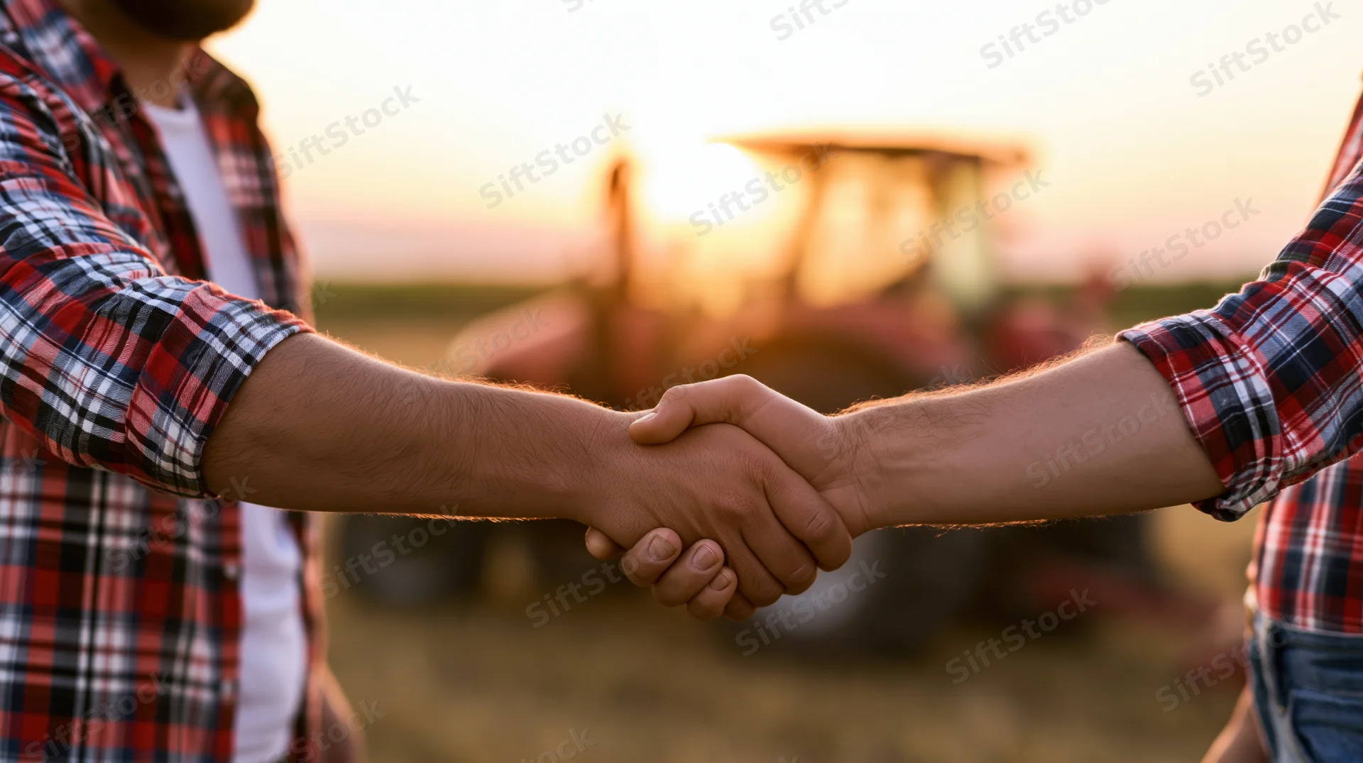Two men in plaid shirts shaking hands in a field at sunset with a tractor in the background