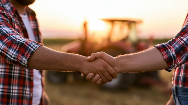 Two men in plaid shirts shaking hands in a field at sunset with a tractor in the background