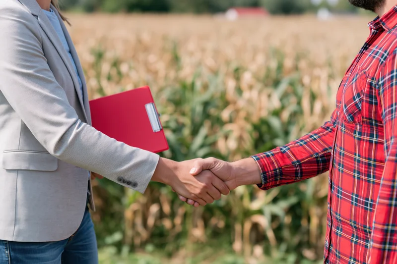 Woman in blazer shaking hands with farmer in plaid shirt in cornfield holding clipboard