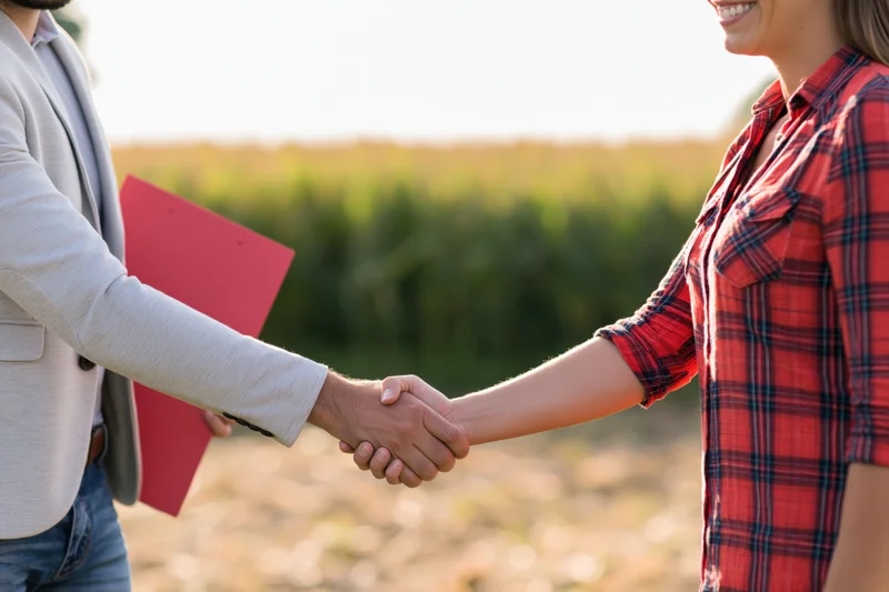 Woman and man shaking hands in a cornfield during golden hour