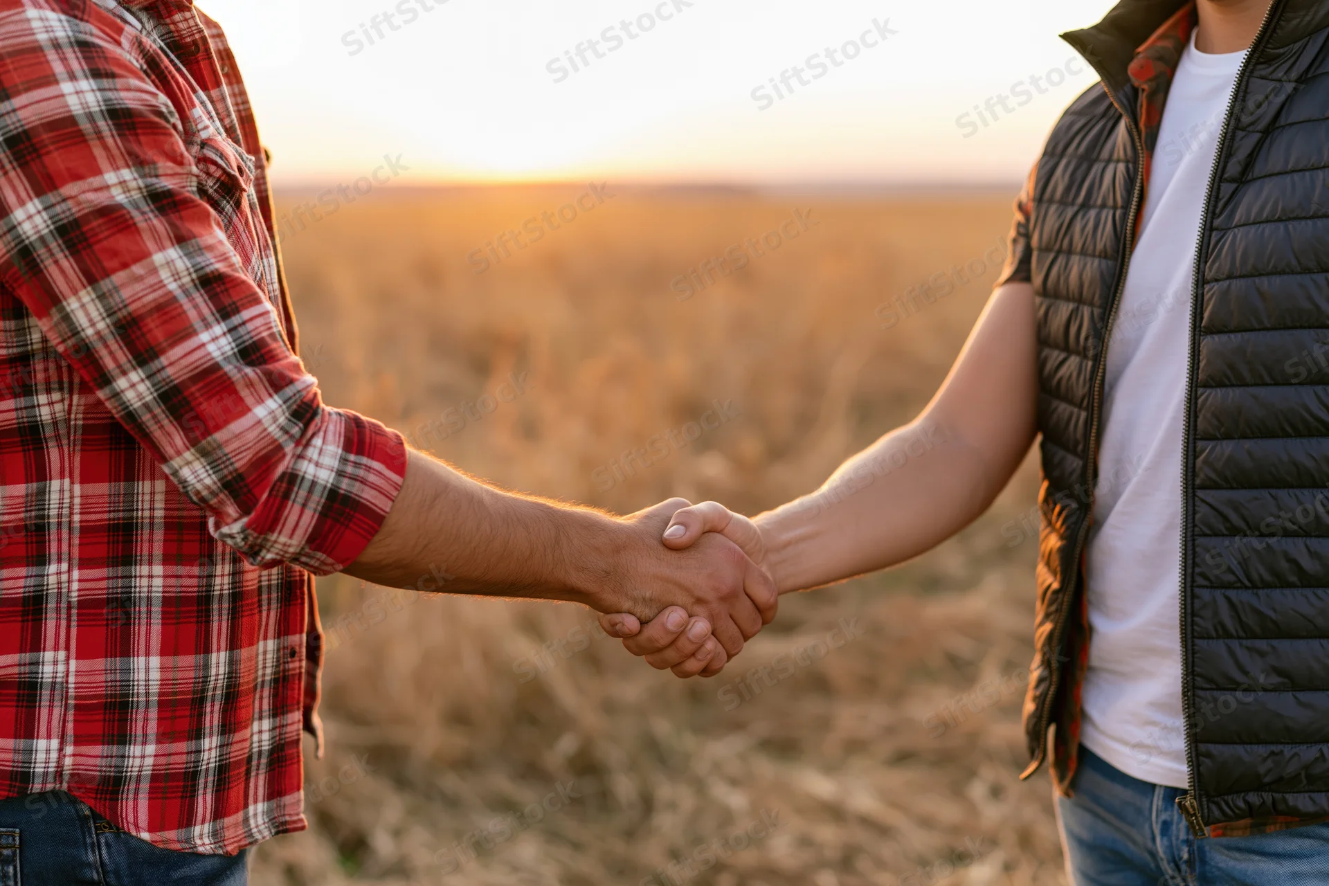 Two men shaking hands in a golden wheat field at sunset