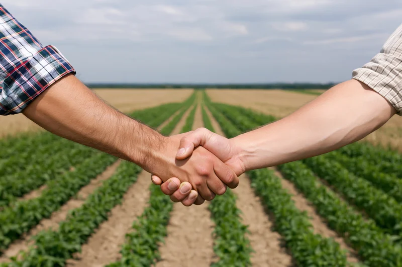 Two people shaking hands over a cultivated crop field in the countryside