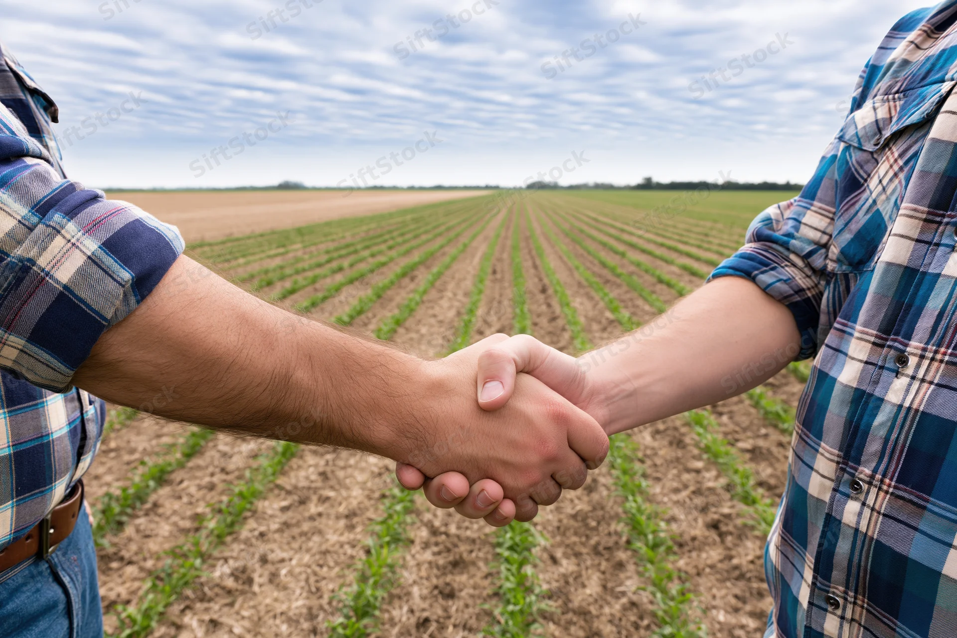 Two farmers shaking hands in a cultivated field with rows of young crops under a cloudy sky