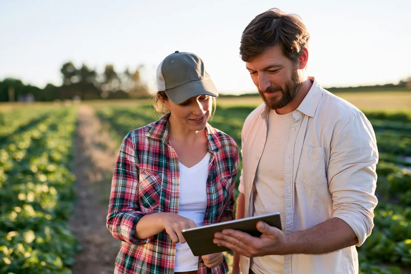 Two farmers examining a tablet in a green crop field during daytime