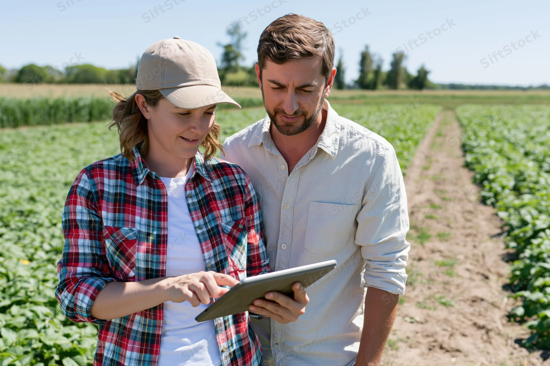 Two farmers examining a tablet in a crop field during daylight