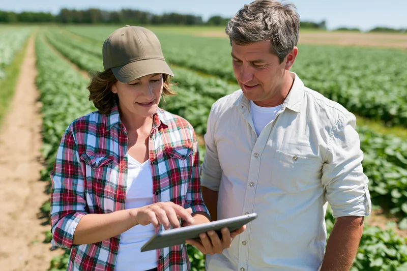 Woman and man examining tablet in a crop field during daylight