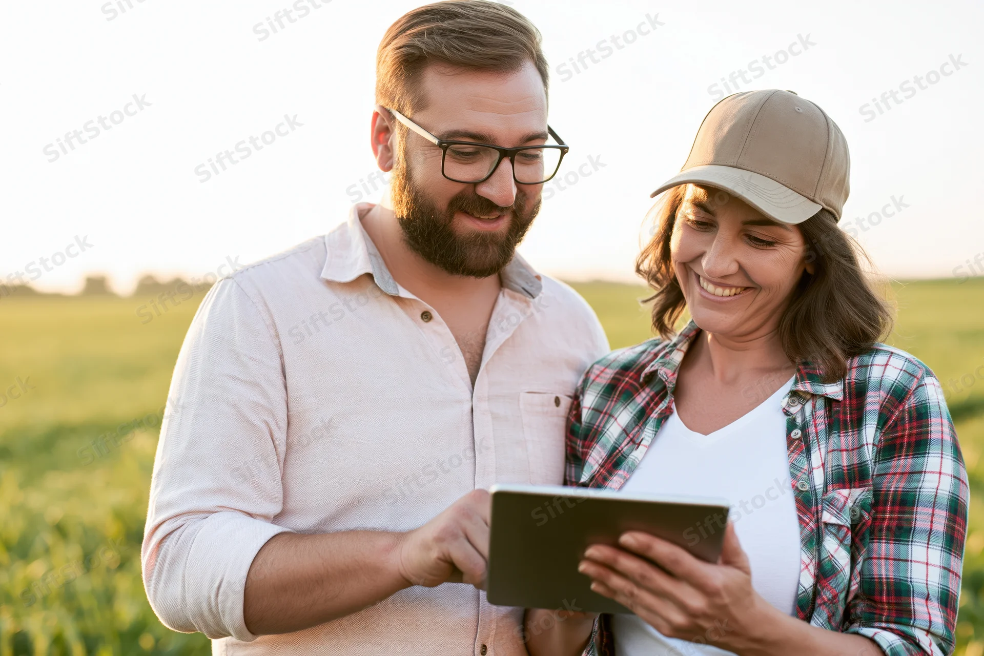 Man and woman smiling while using tablet in a green field