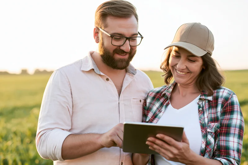 Man and woman smiling while using tablet in a green field