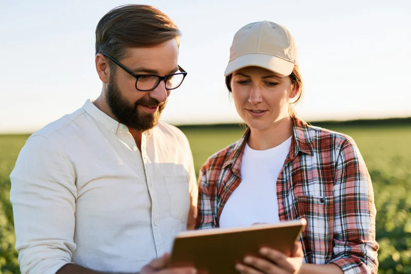 Man and woman examining tablet in a green field during daylight