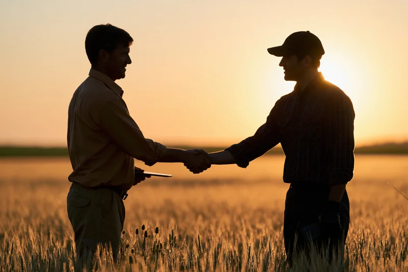 Two men shaking hands in a wheat field at sunset