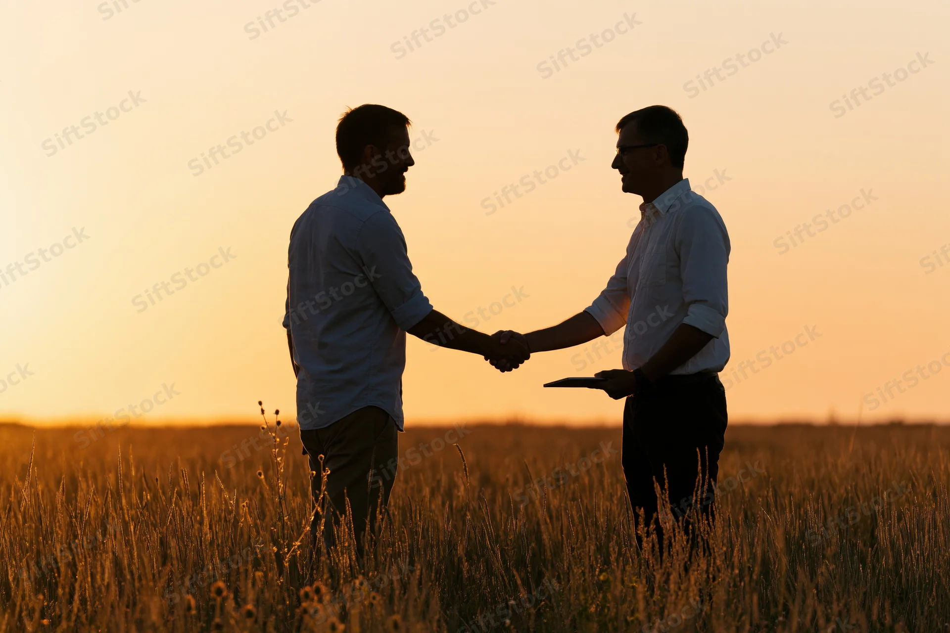 Two men shaking hands in a wheat field at sunset