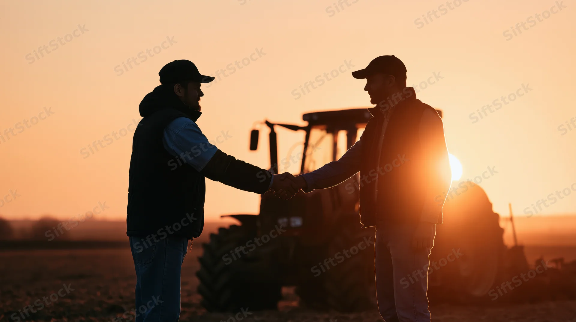 Two farmers shaking hands in a field at sunset with a tractor behind them