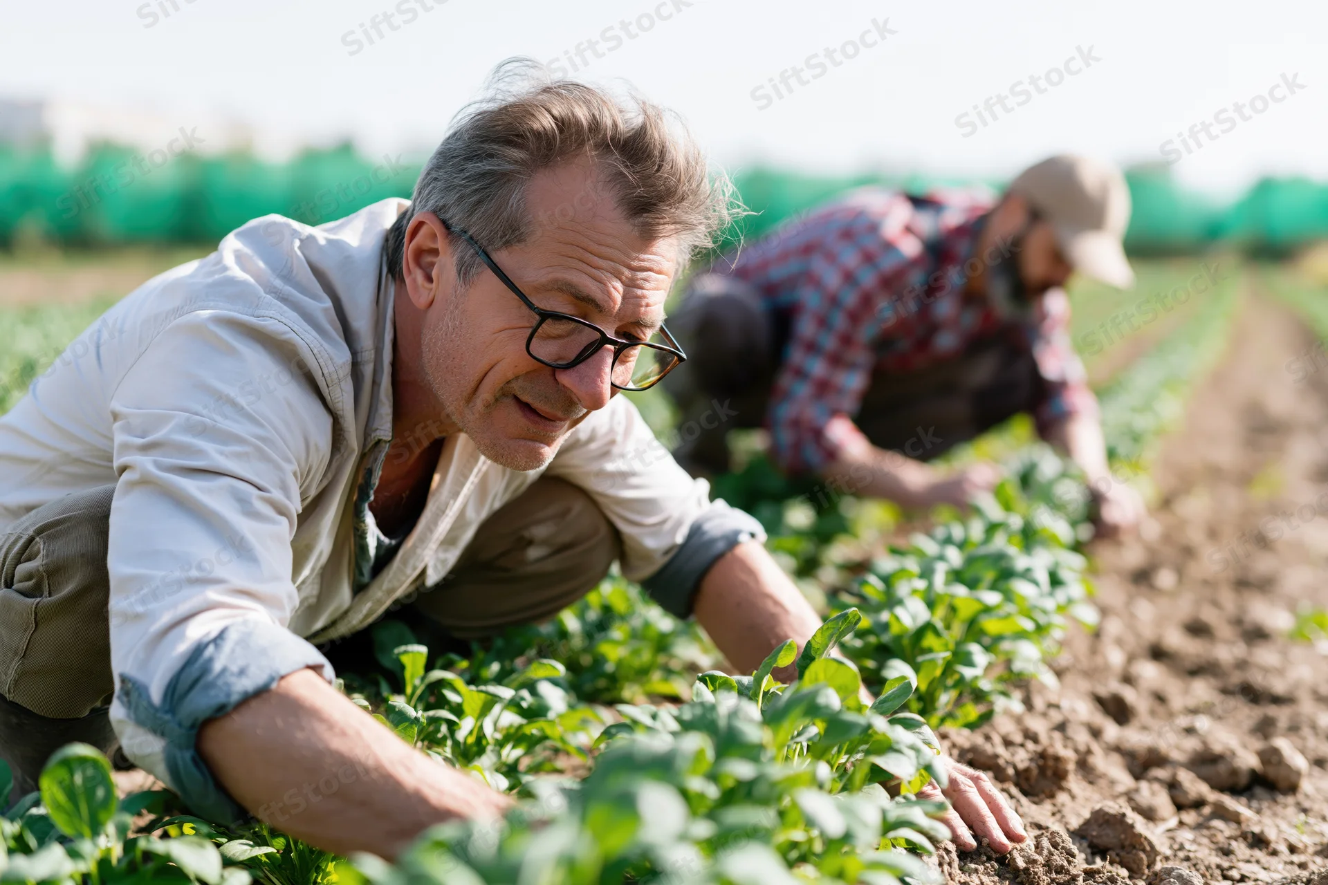 Two men crouching in a field tending young green plants in rows