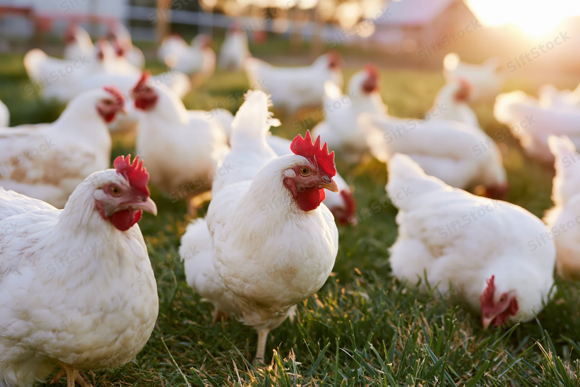 White chickens roaming on grass in sunlight at sunrise or sunset on a farm