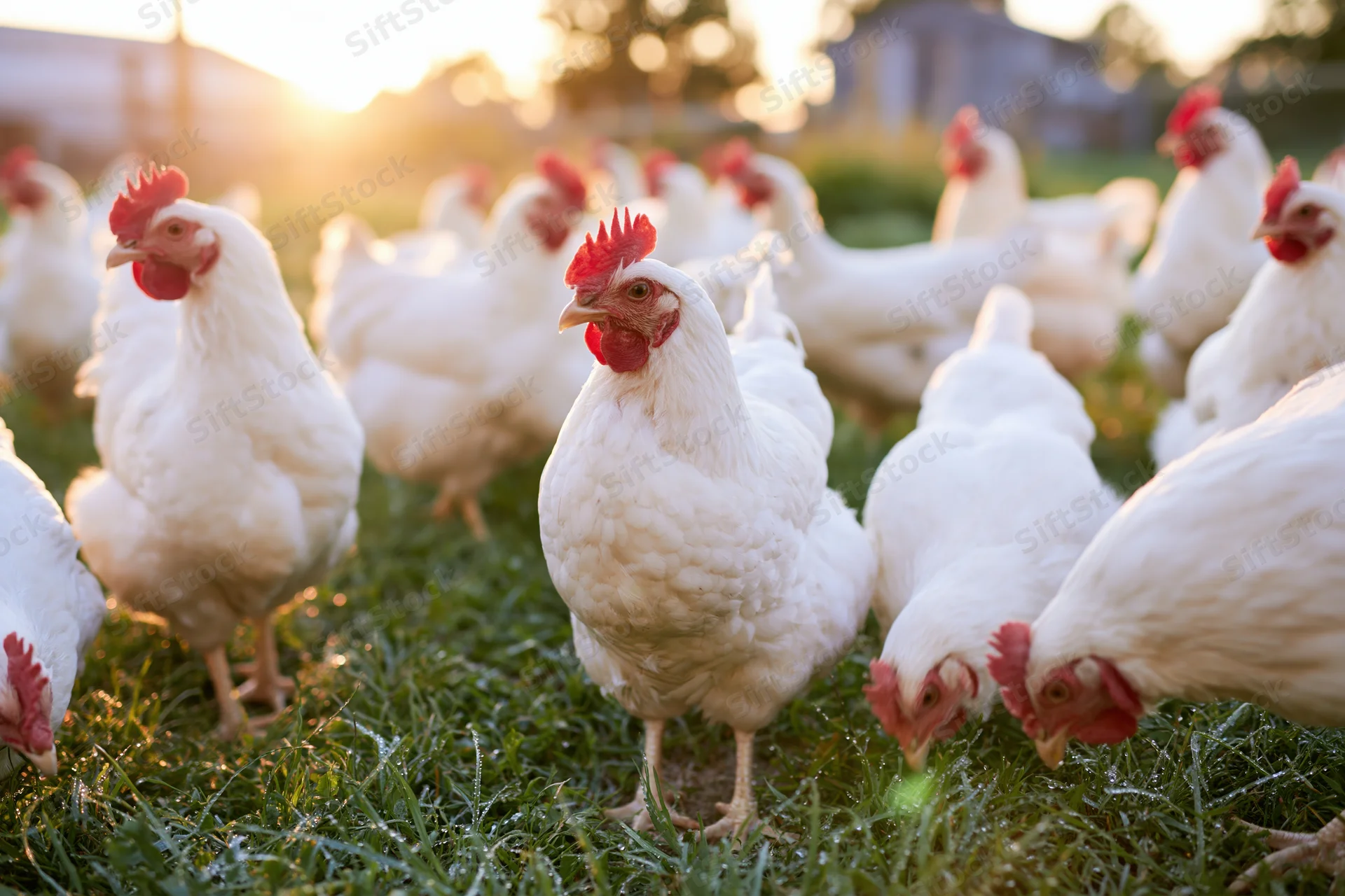 White chickens foraging on grass in a farm field at sunrise