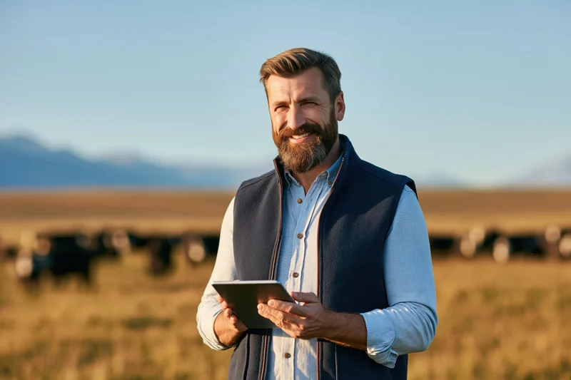 Bearded man holding tablet in a field with cattle in the background
