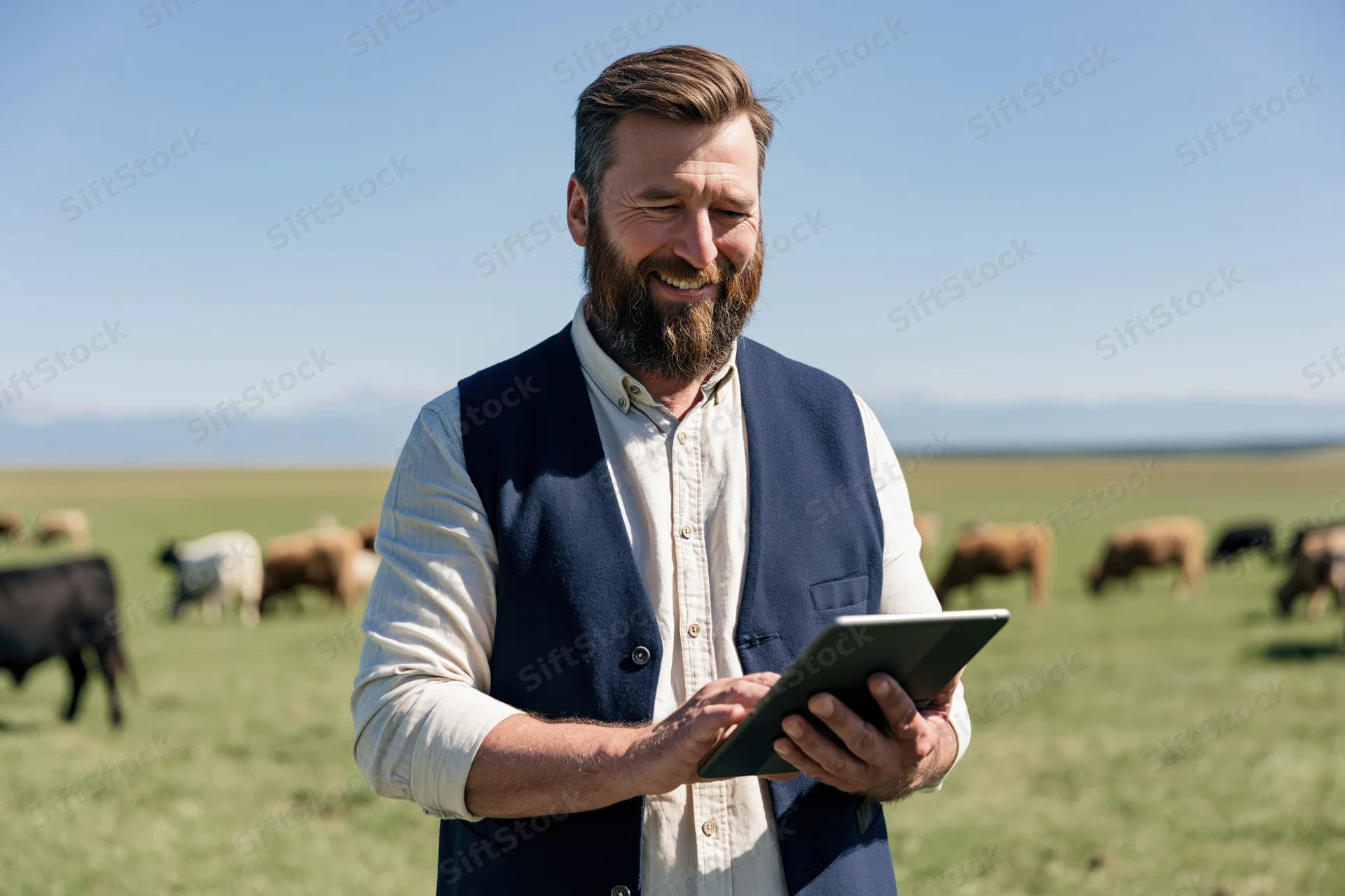 Bearded man smiling while using tablet in pasture with grazing cattle