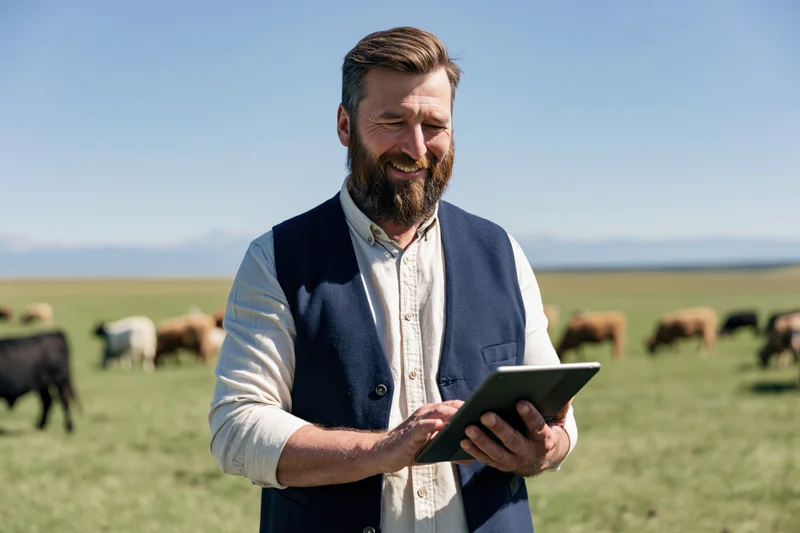 Bearded man smiling while using tablet in pasture with grazing cattle