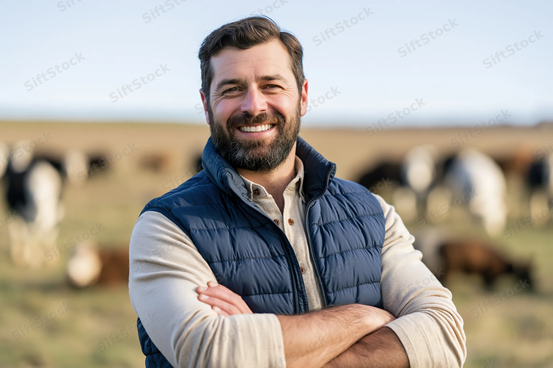 Bearded man smiling with arms crossed in a pasture with cattle in the background