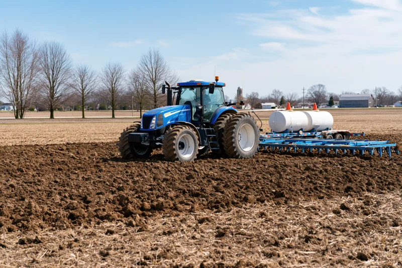 Blue tractor pulls a wide planter across a plowed field