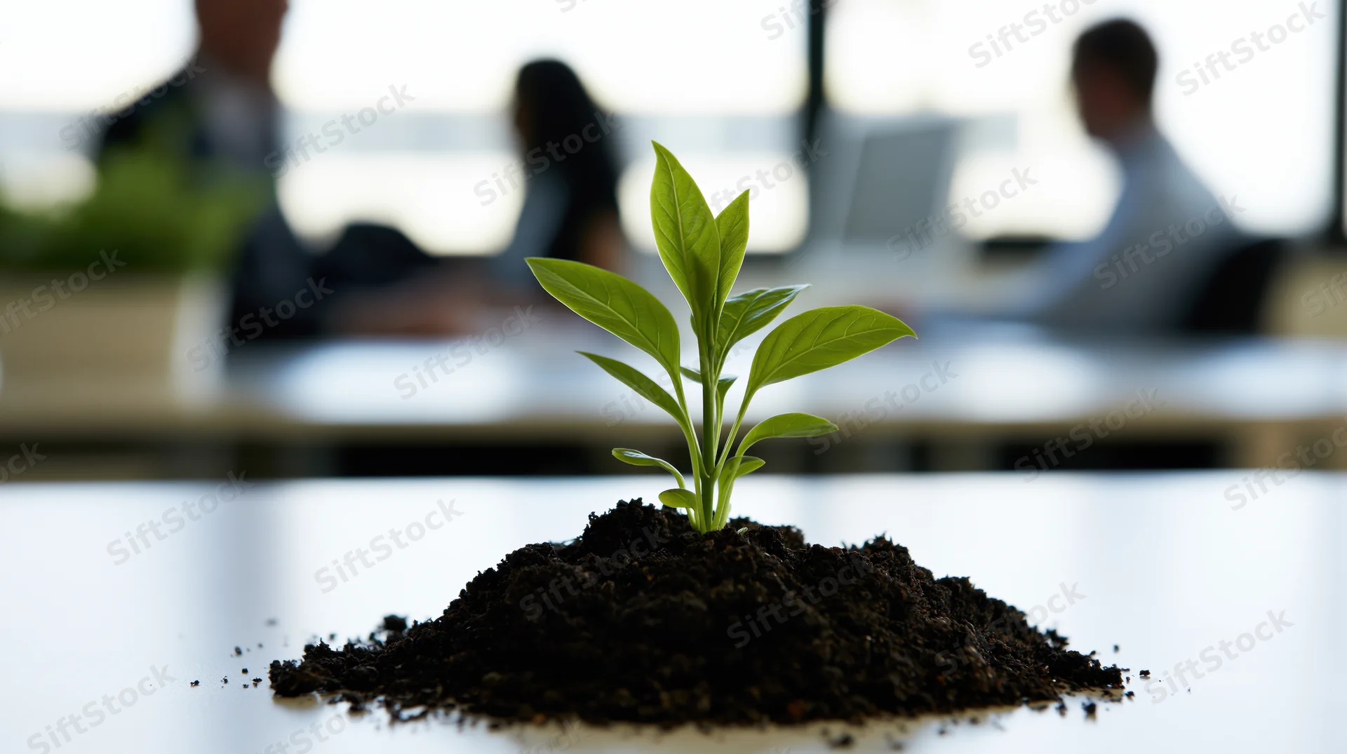 Green sapling growing from soil on office desk with blurred employees in background