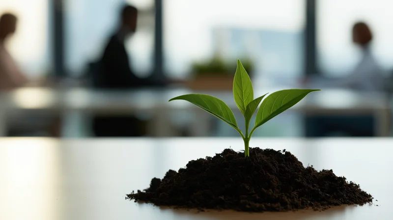 Green sapling growing from soil on a desk in an office with blurred colleagues in background