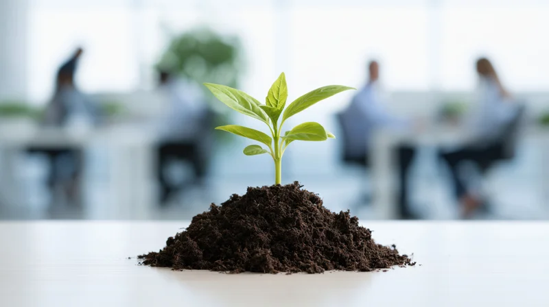Green sapling growing from soil on office desk with blurred employees in background