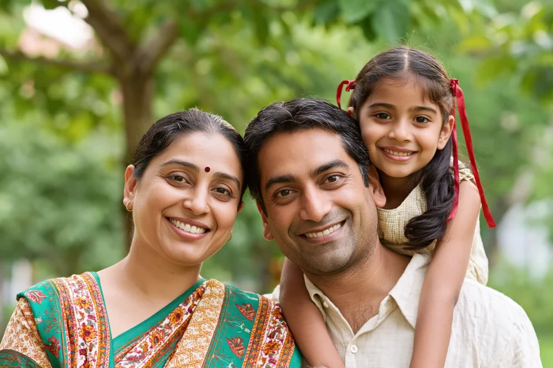 Smiling indian family with daughter on father's shoulders in a garden