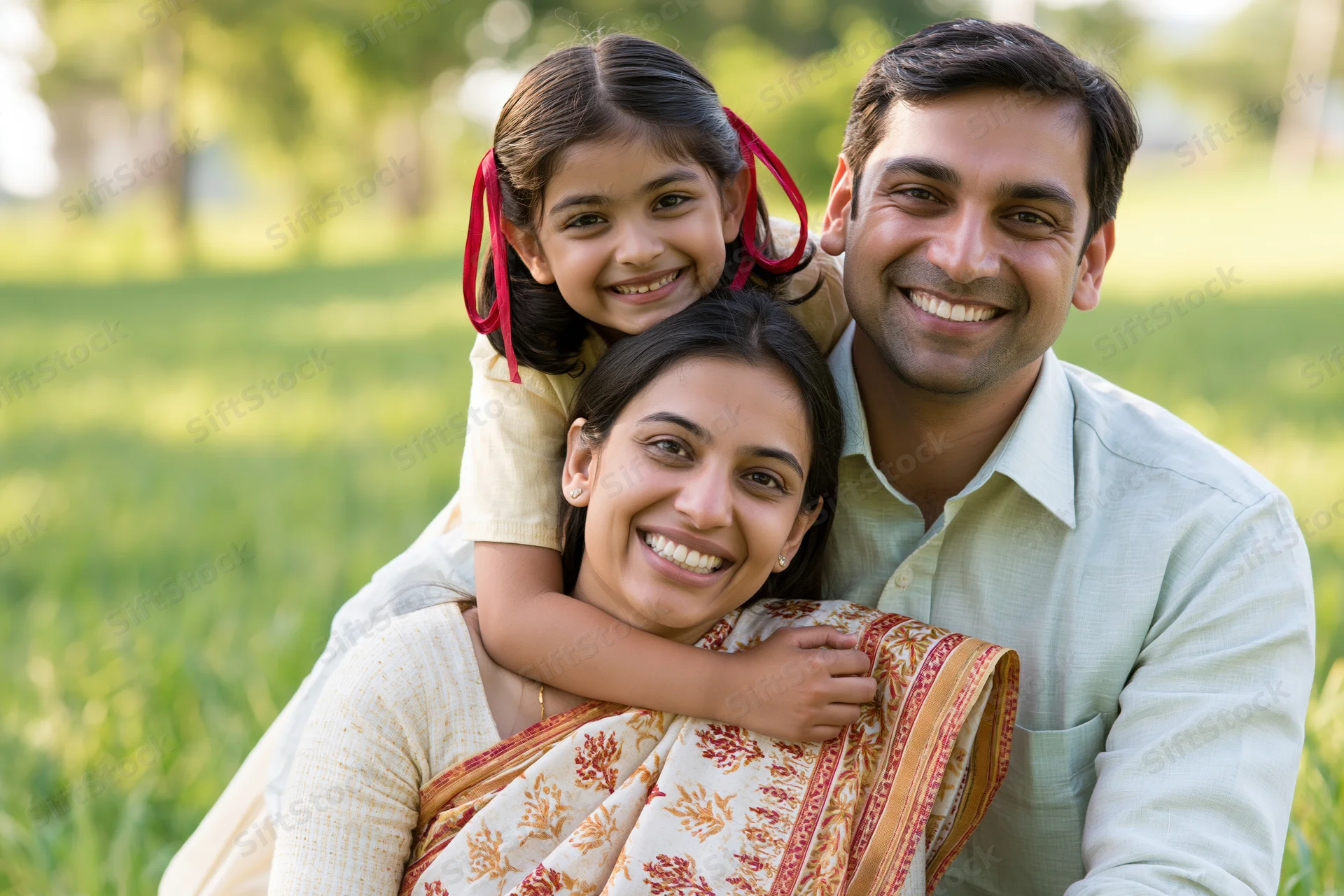 Indian family smiling together in a grassy park with daughter on mother's back