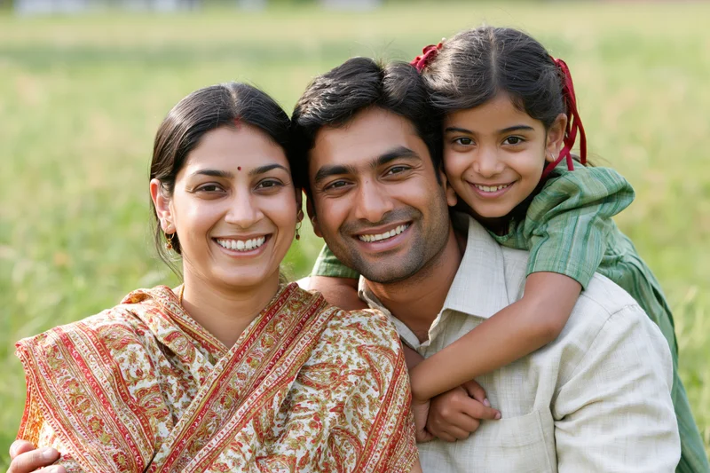 Smiling indian family posing together in a grassy field