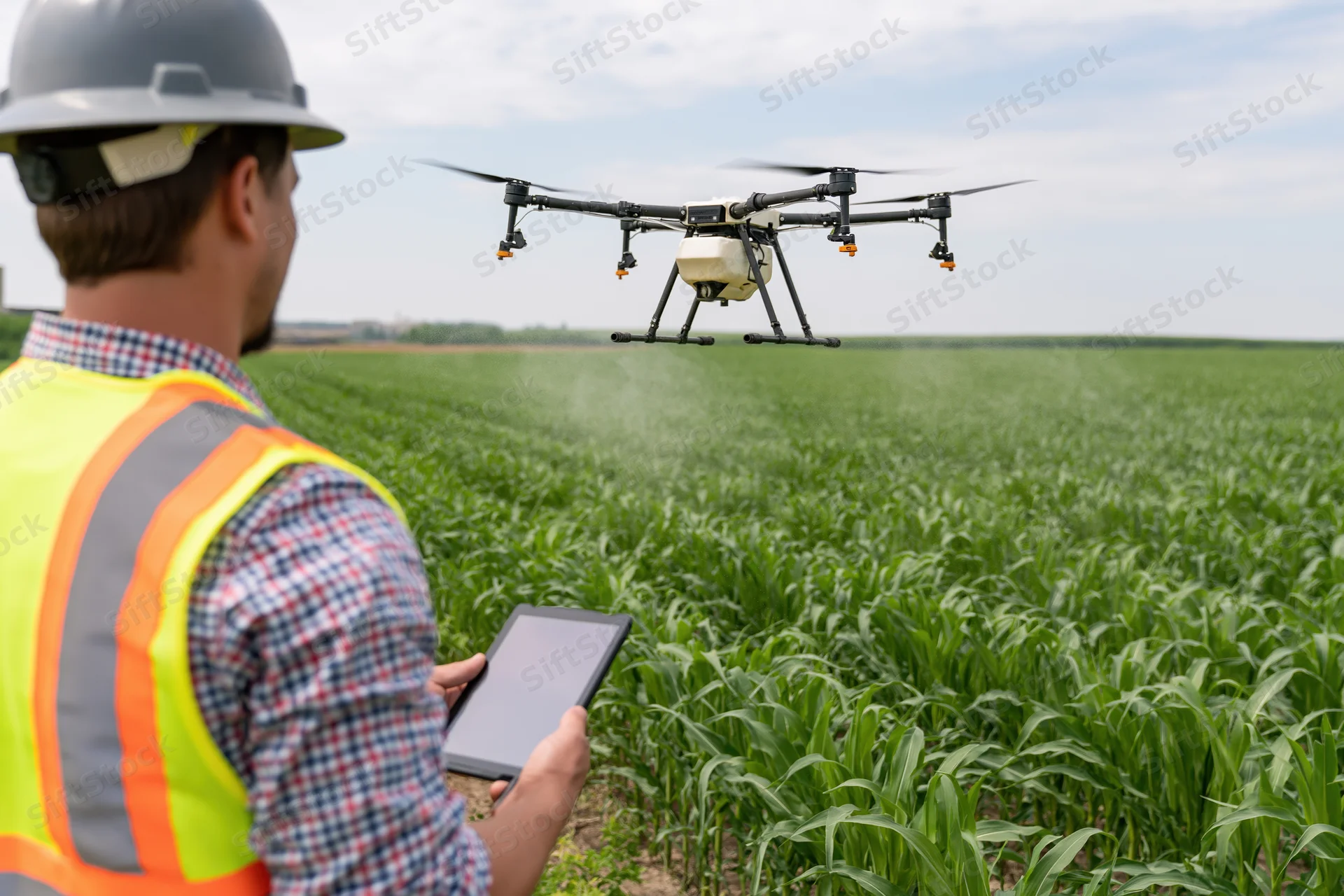 Farmer operating drone spraying crop field with tablet in hand