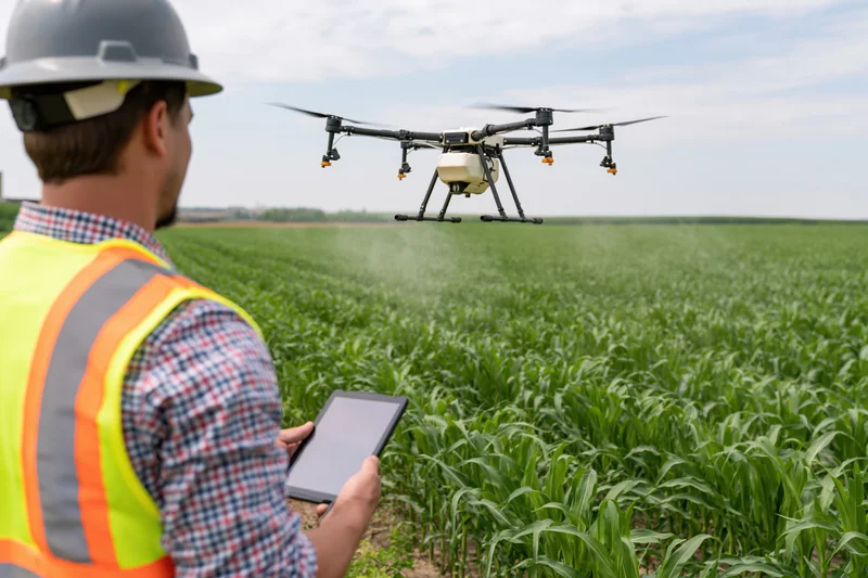 Farmer operating drone spraying crop field with tablet in hand