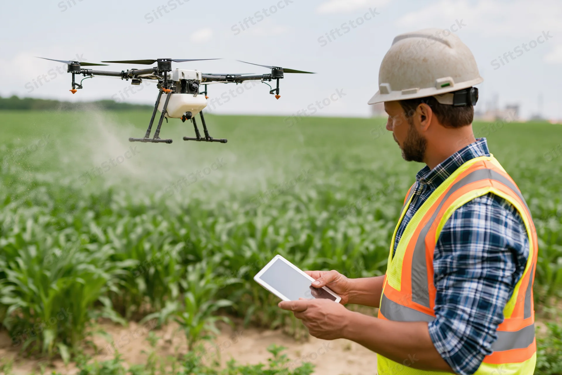 Man in safety vest and helmet operating drone spraying crop field with tablet in hand