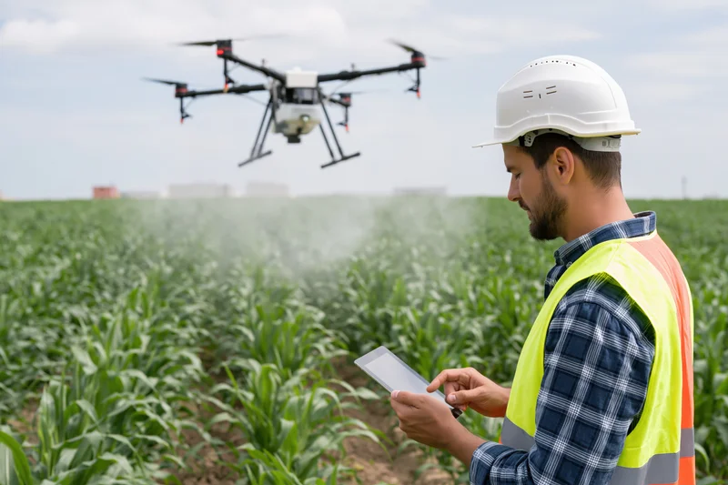 Man in safety vest using tablet to control drone spraying crops in a cornfield