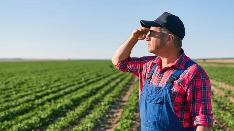 Farmer in overalls and cap shielding eyes while standing in a green crop field