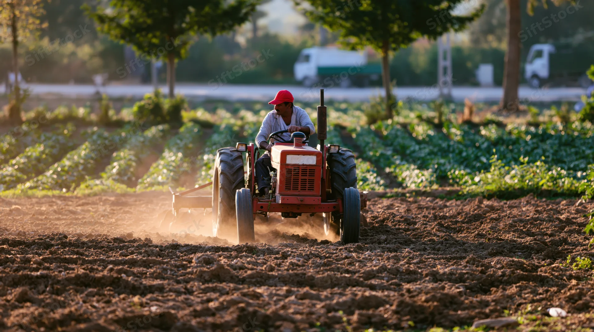 Farmer driving red tractor plowing field in rural setting