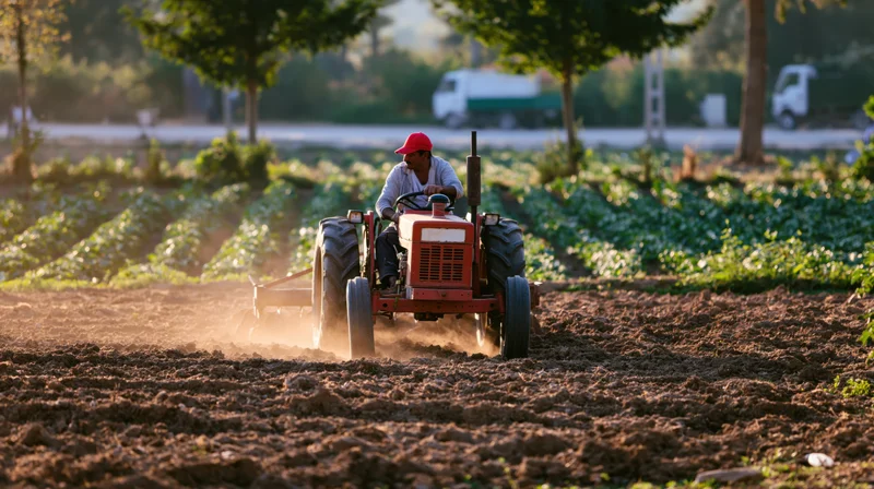 Farmer driving red tractor plowing field in rural setting