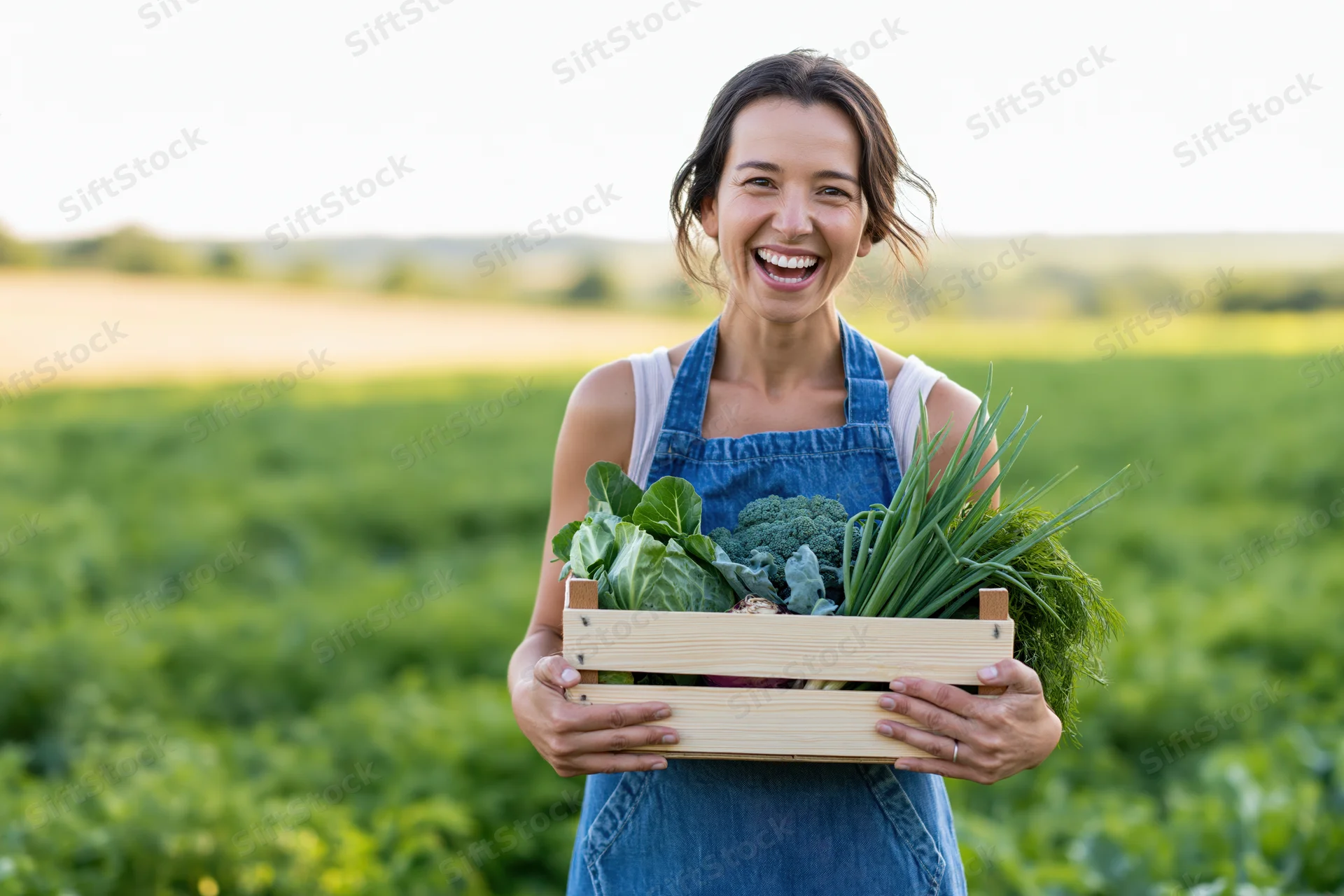 Woman holding wooden crate of fresh vegetables in a green field