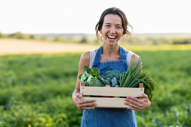 Woman holding wooden crate of fresh vegetables in a green field